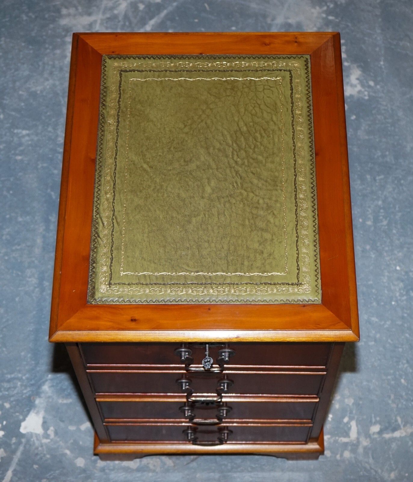 Vintage Yew Wood Filling Cabinet With Green Leather Top And Two Drawers (2) photo vinterior