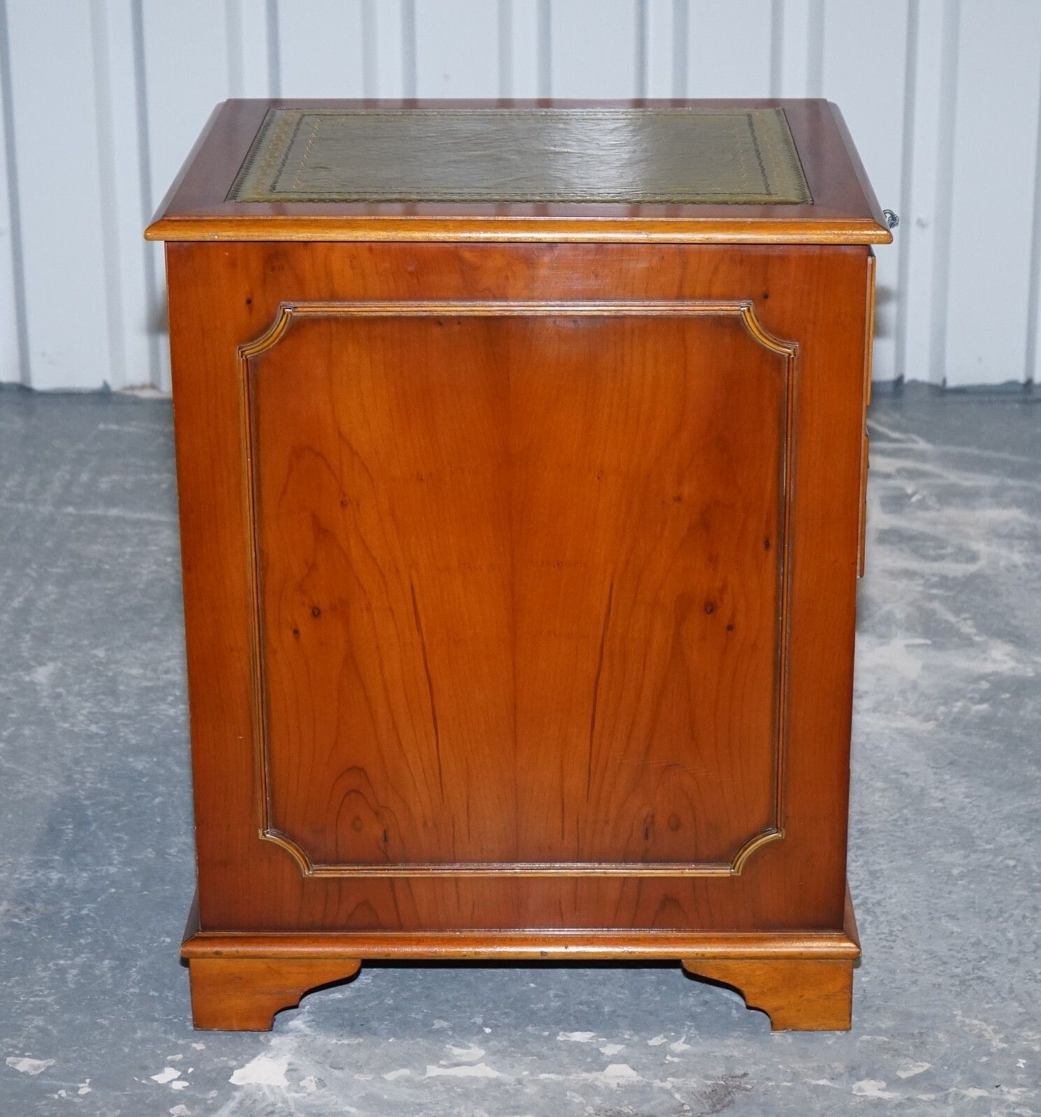 Furniture Vintage Yew Wood Filling Cabinet With Green Leather Top And Two Drawers (2) photo