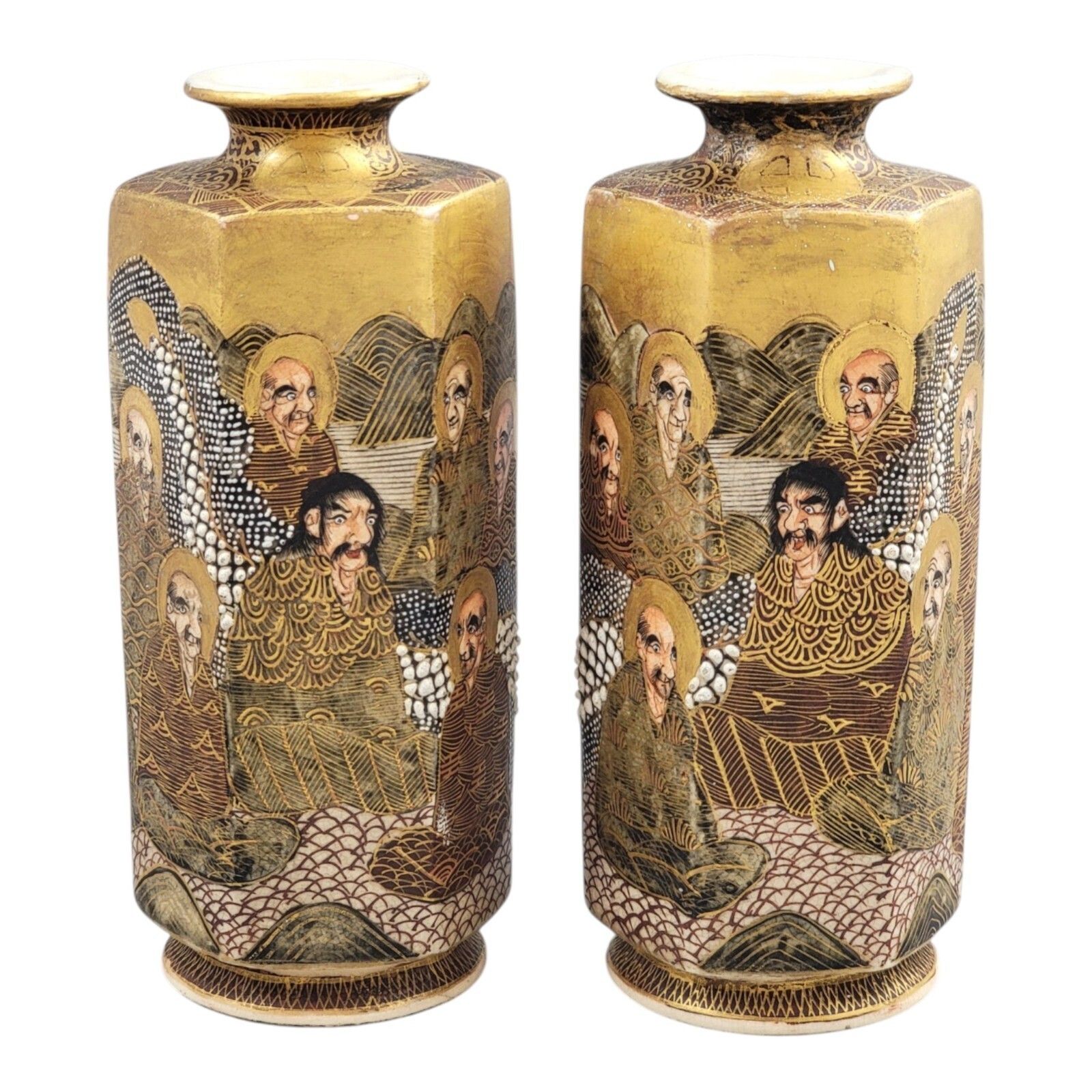 Pair Japanese Satsuma Ceramic Hexagonal Vases Rakan Dragon Moriage Meiji Taisho photo Home Decor
