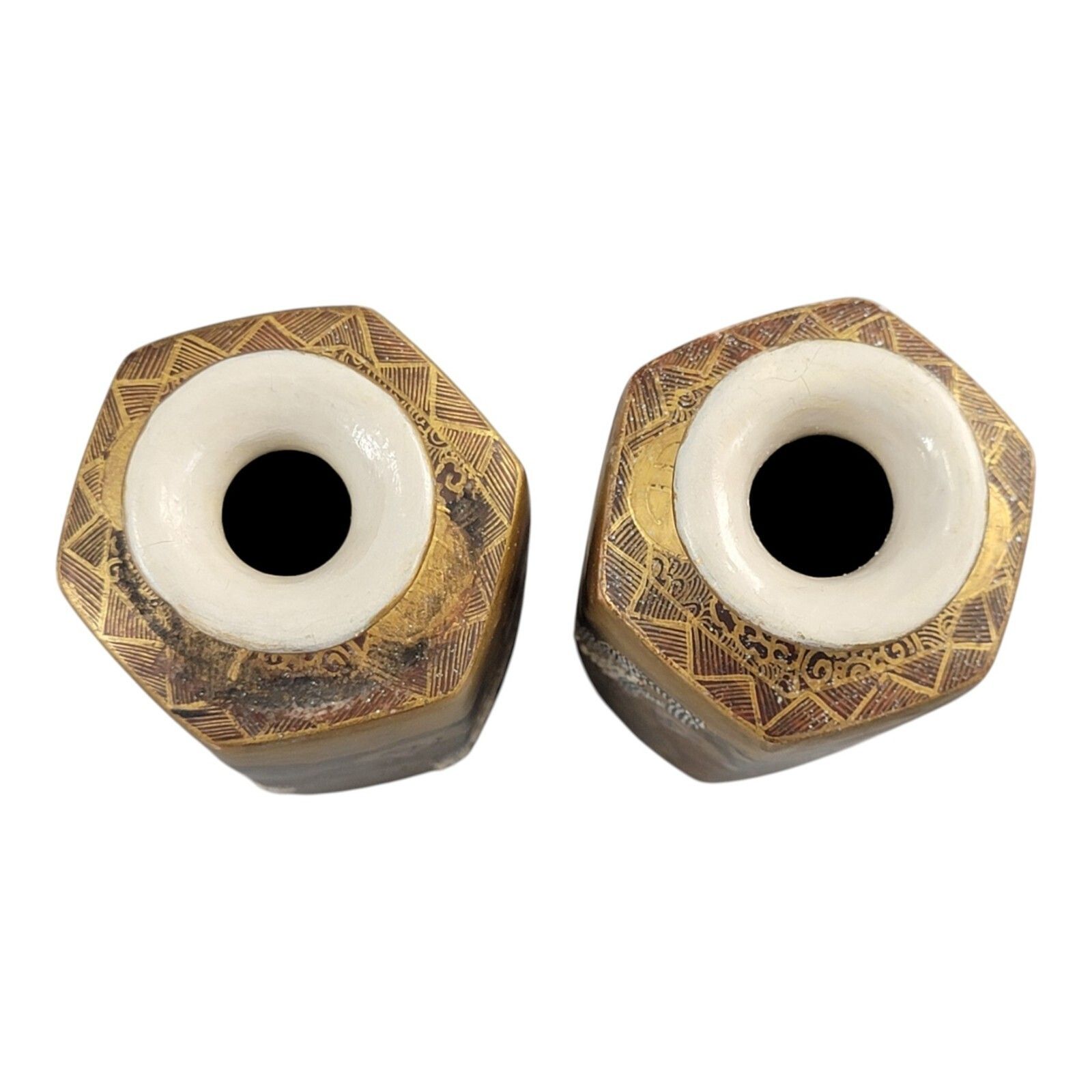 Pair Japanese Satsuma Ceramic Hexagonal Vases Rakan Dragon Moriage Meiji Taisho photo buy
