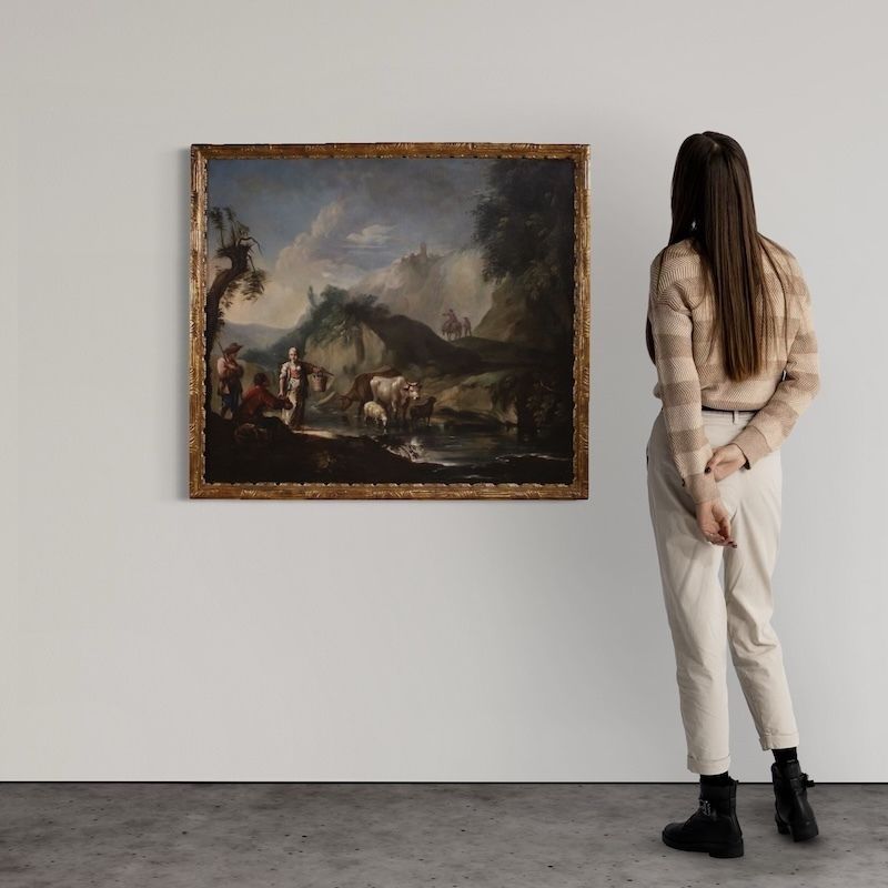 Great 18th Century Italian Painting, Landscape With Genre Scene photo furniture