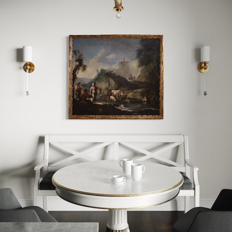 photo for sale Great 18th Century Italian Painting, Landscape With Genre Scene