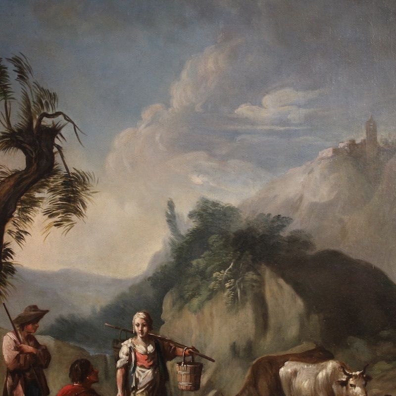 6550.0 Great 18th Century Italian Painting, Landscape With Genre Scene photo