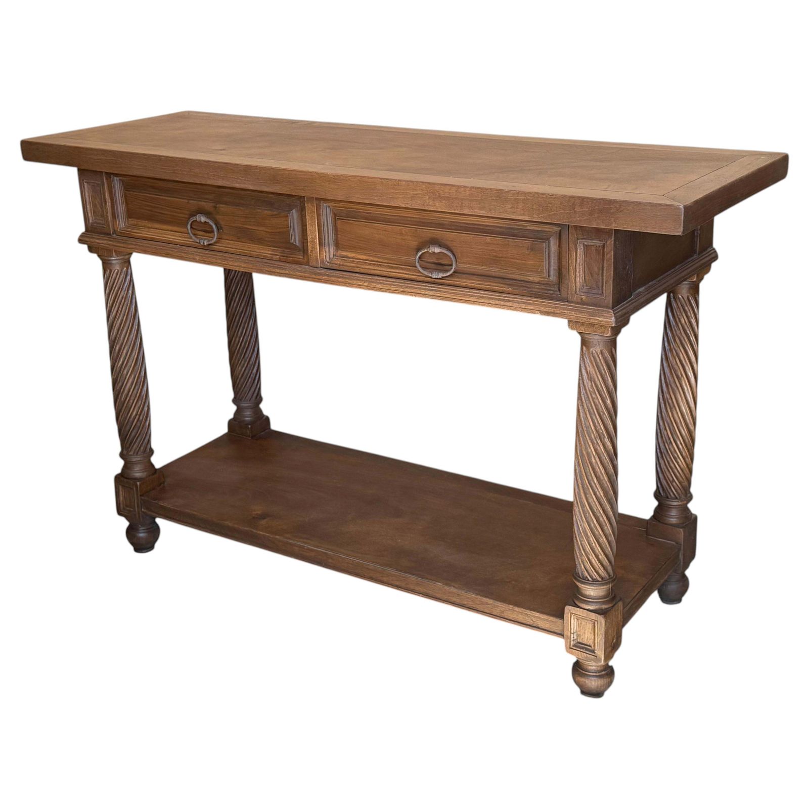 Console espagnole du XXe siècle à deux tiroirs, pieds salomoniques et tablette basse