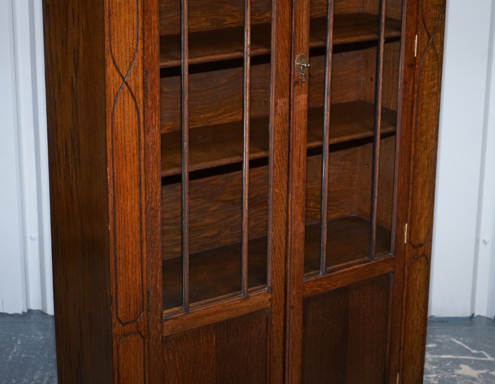 Antique Circa 1920's English Oak Art Deco Carved Bookcase Cabinet photo Furniture