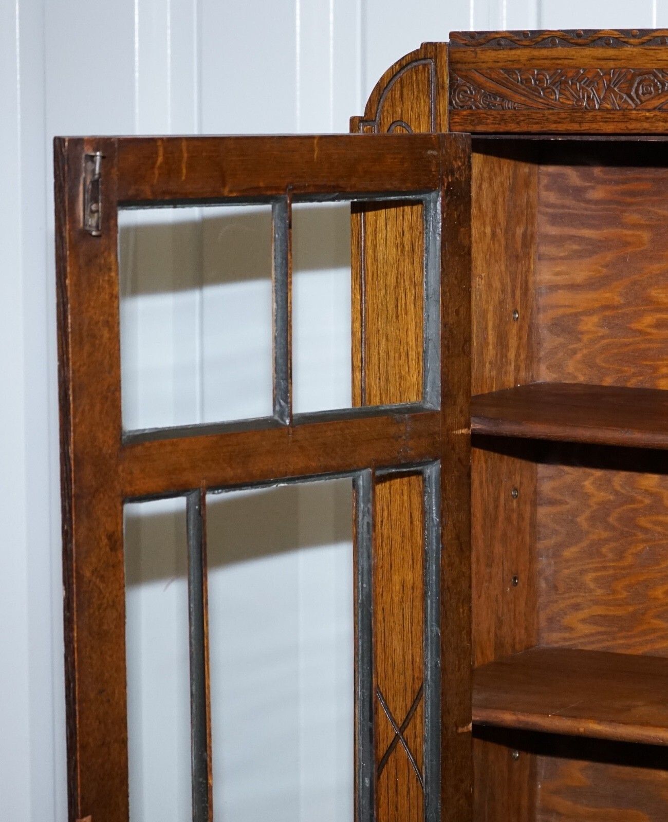 Furniture Antique Circa 1920's English Oak Art Deco Carved Bookcase Cabinet photo