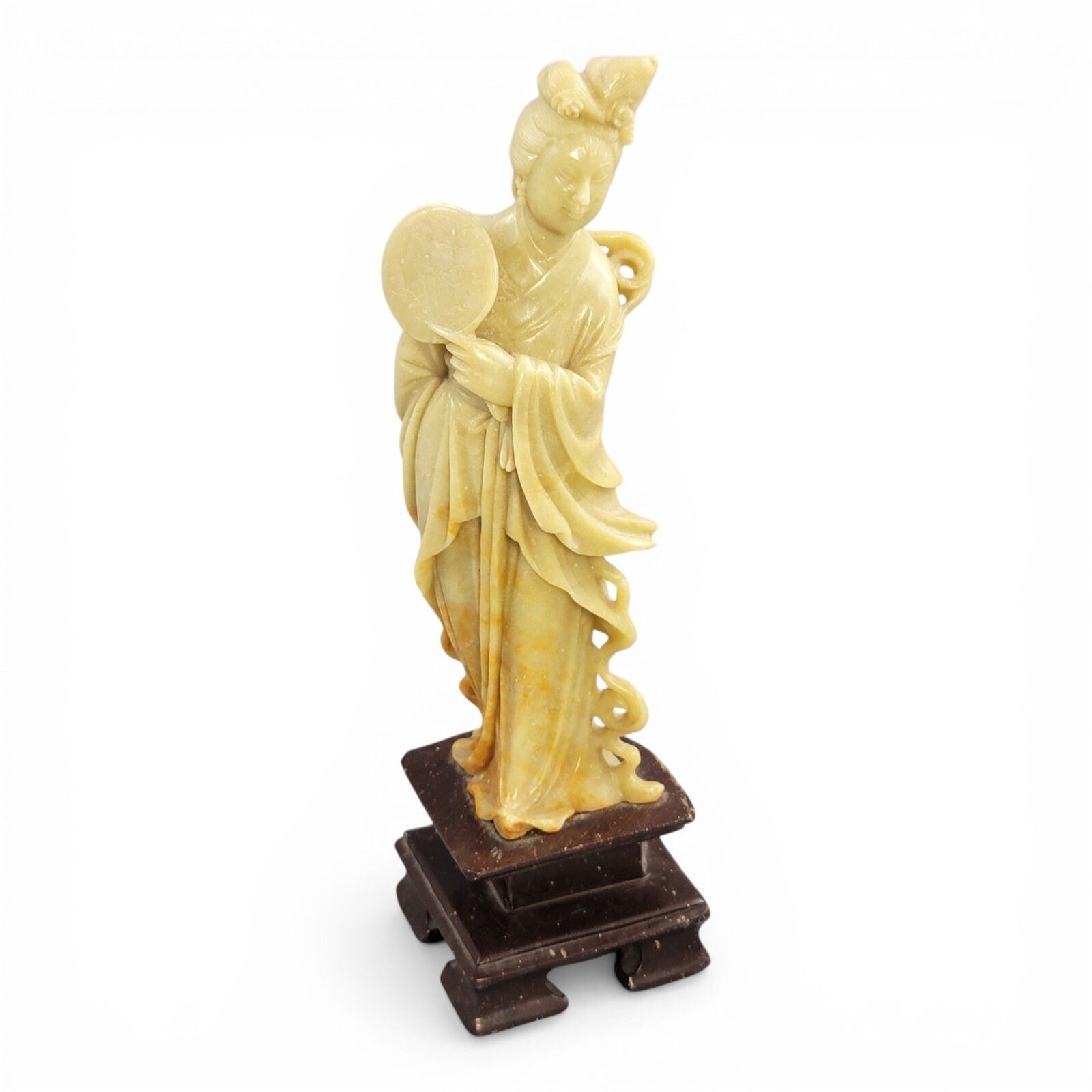 Antique Chinese Soapstone Figure Of Guanyin Holding A Round Fan, C. 1910