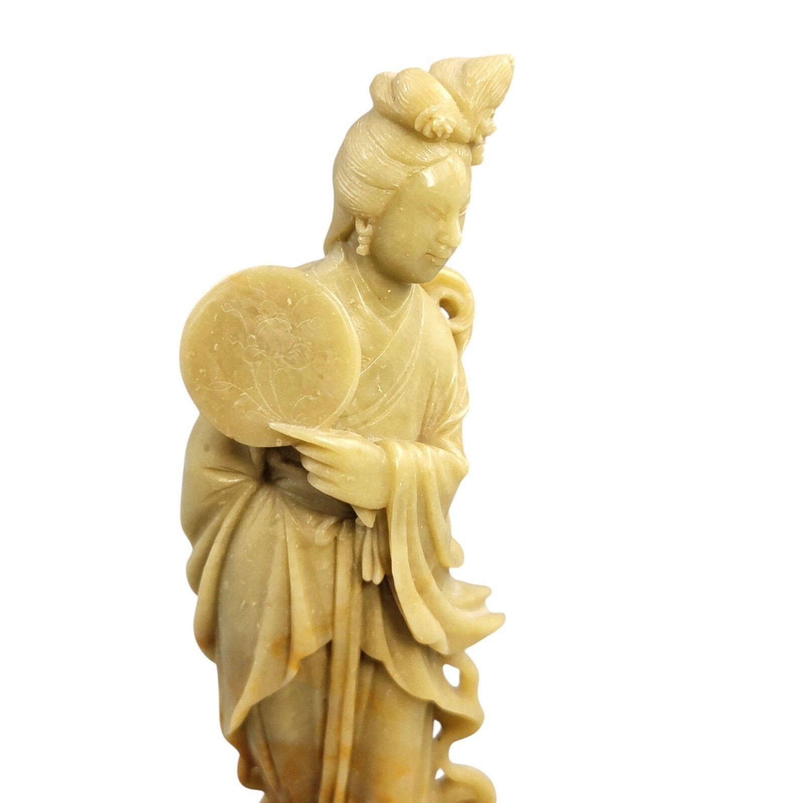 photo furniture Antique Chinese Soapstone Figure Of Guanyin Holding A Round Fan, C. 1910
