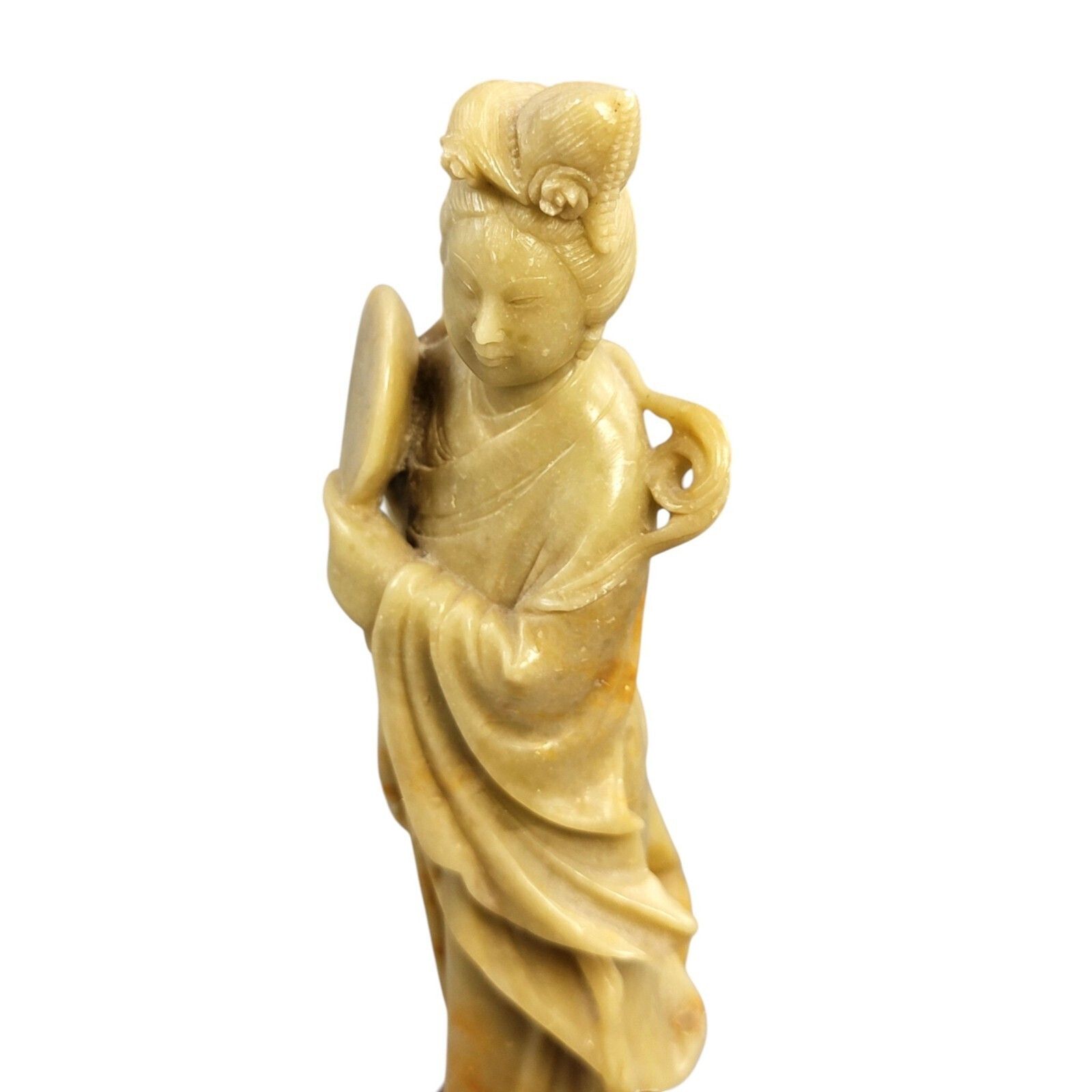 photo for sale Antique Chinese Soapstone Figure Of Guanyin Holding A Round Fan, C. 1910