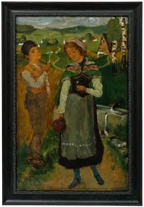 Reinhold Schmidt (1861 1927)   Folk Art Late 19th Century Oil, Courting Couple photo furniture