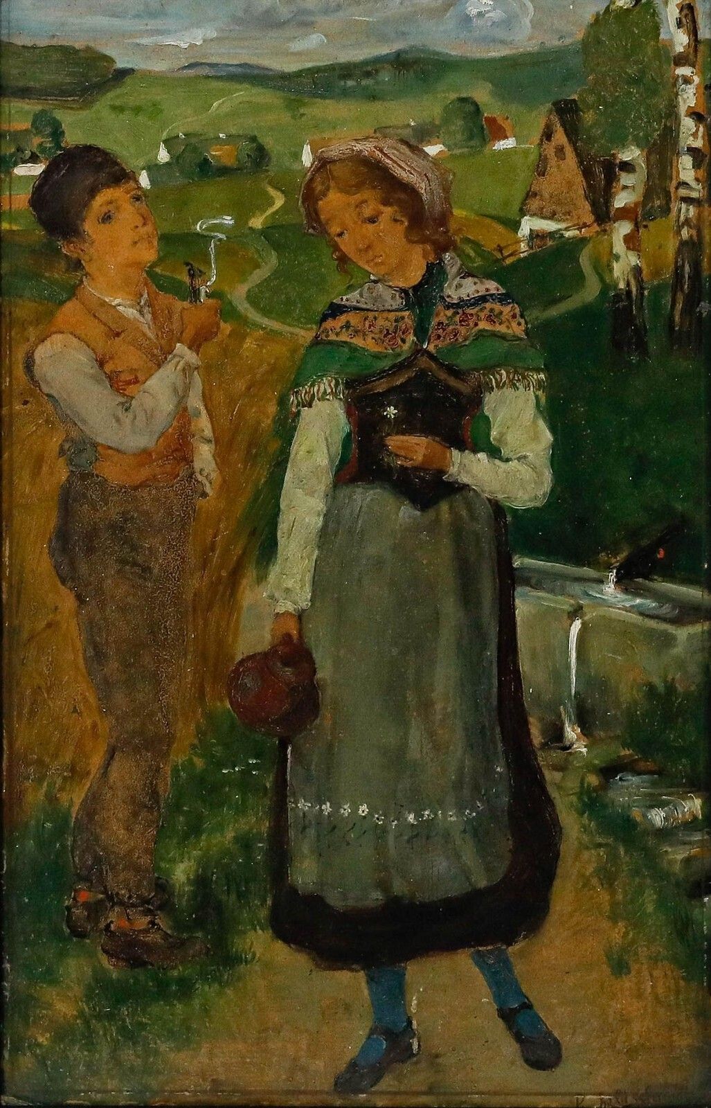 Reinhold Schmidt (1861 1927)   Folk Art Late 19th Century Oil, Courting Couple photo for sale
