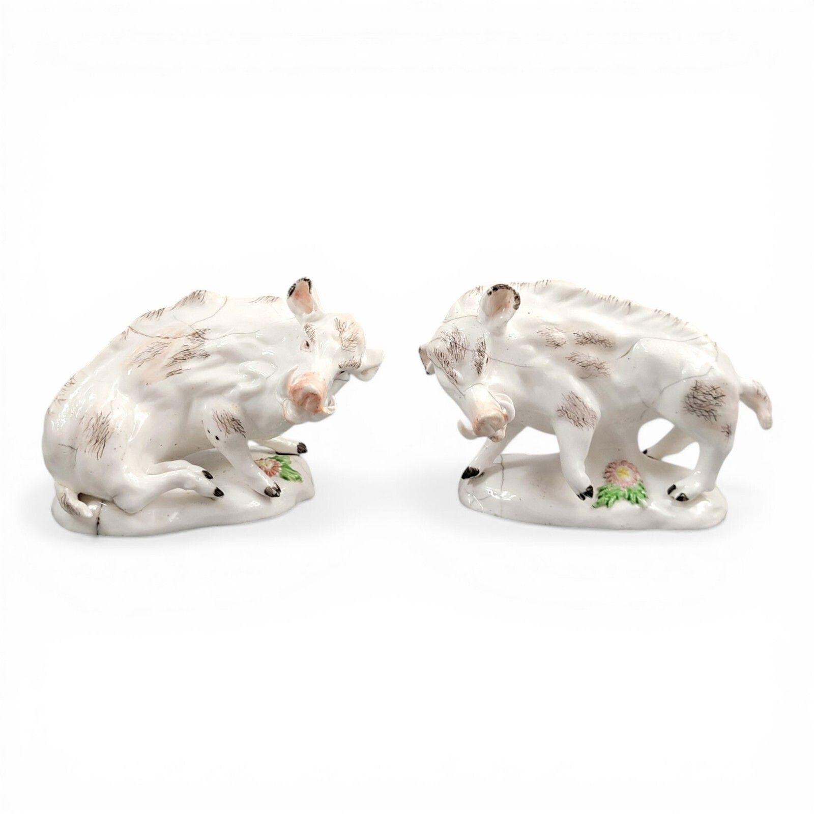 18th Century Derby Porcelain Manufactory Pair Of Wild Boars C.1755 Soft Paste