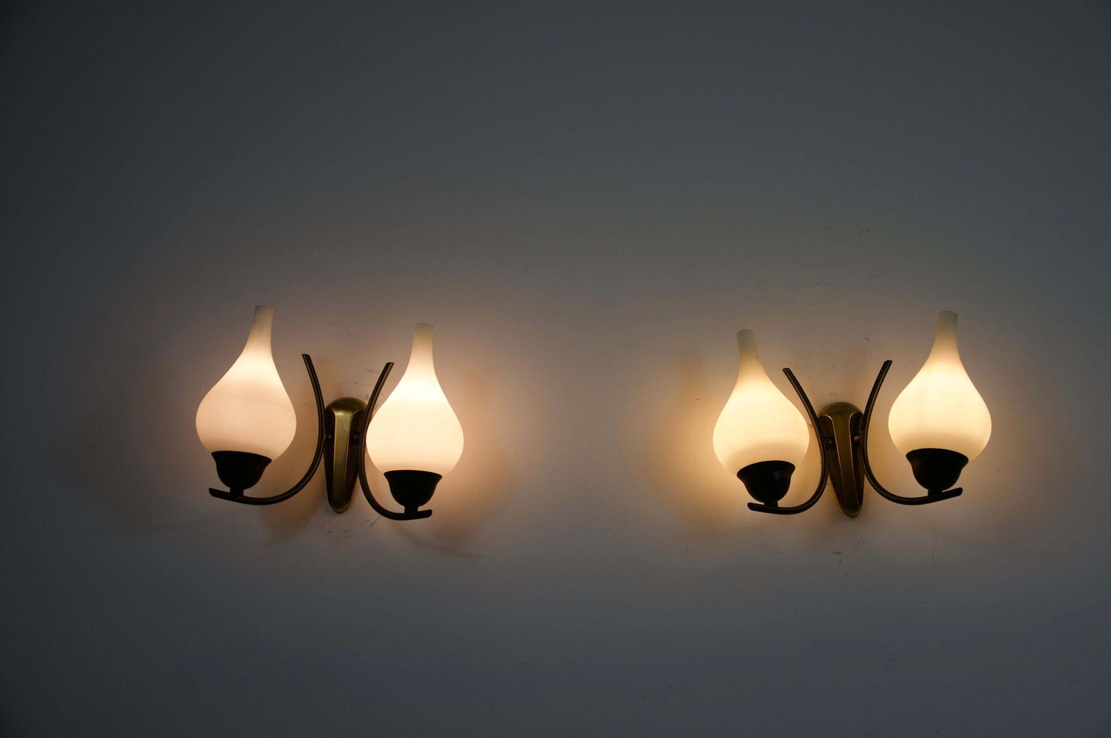 Lighting Mid Century Brass And Opaline Wall Lamps, Italy, 1960s photo
