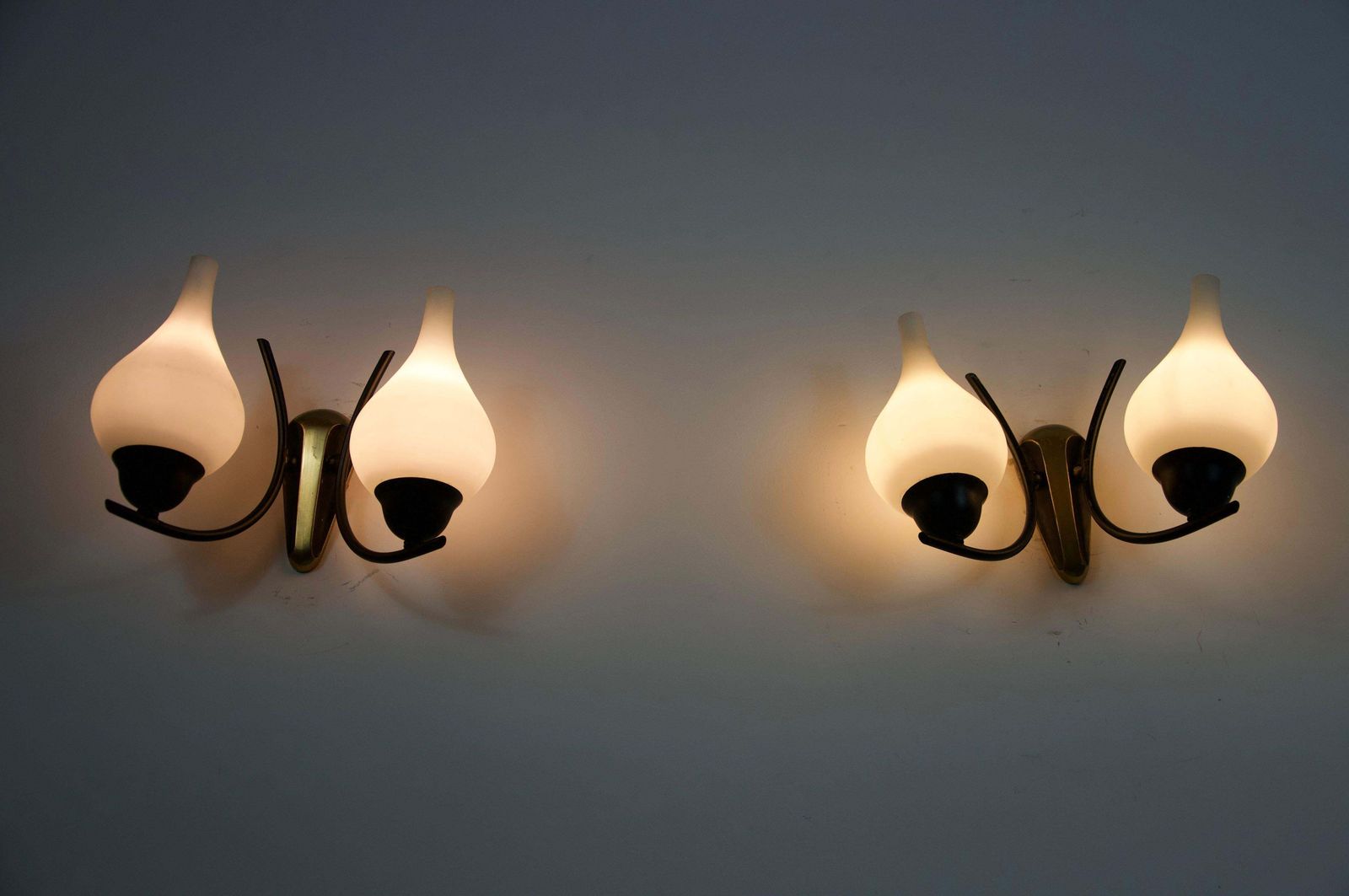 933.0 Mid Century Brass And Opaline Wall Lamps, Italy, 1960s photo