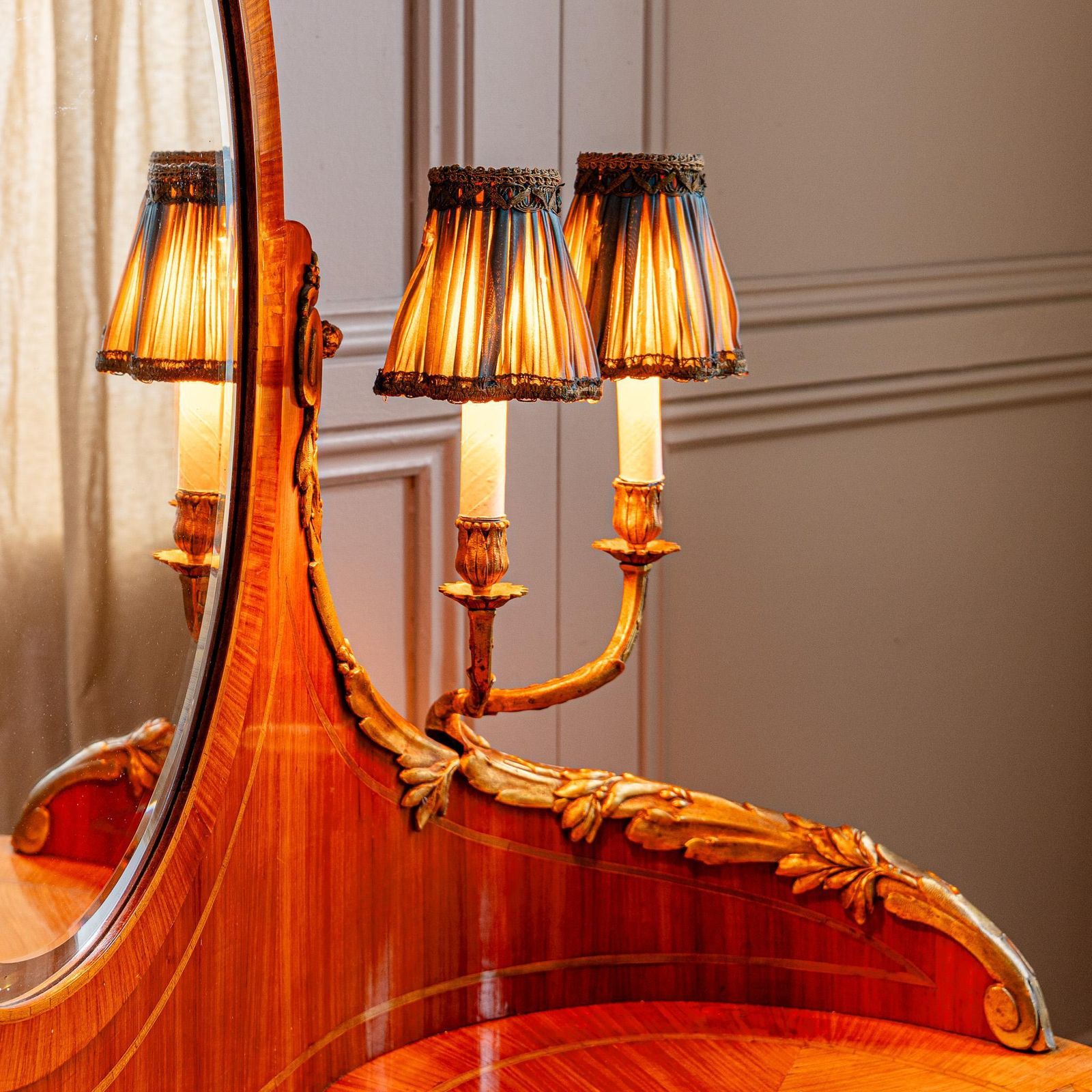 French Louis XVI Style Marquetry Dressing Table With Ormolu Lights, Belle époque photo vintage