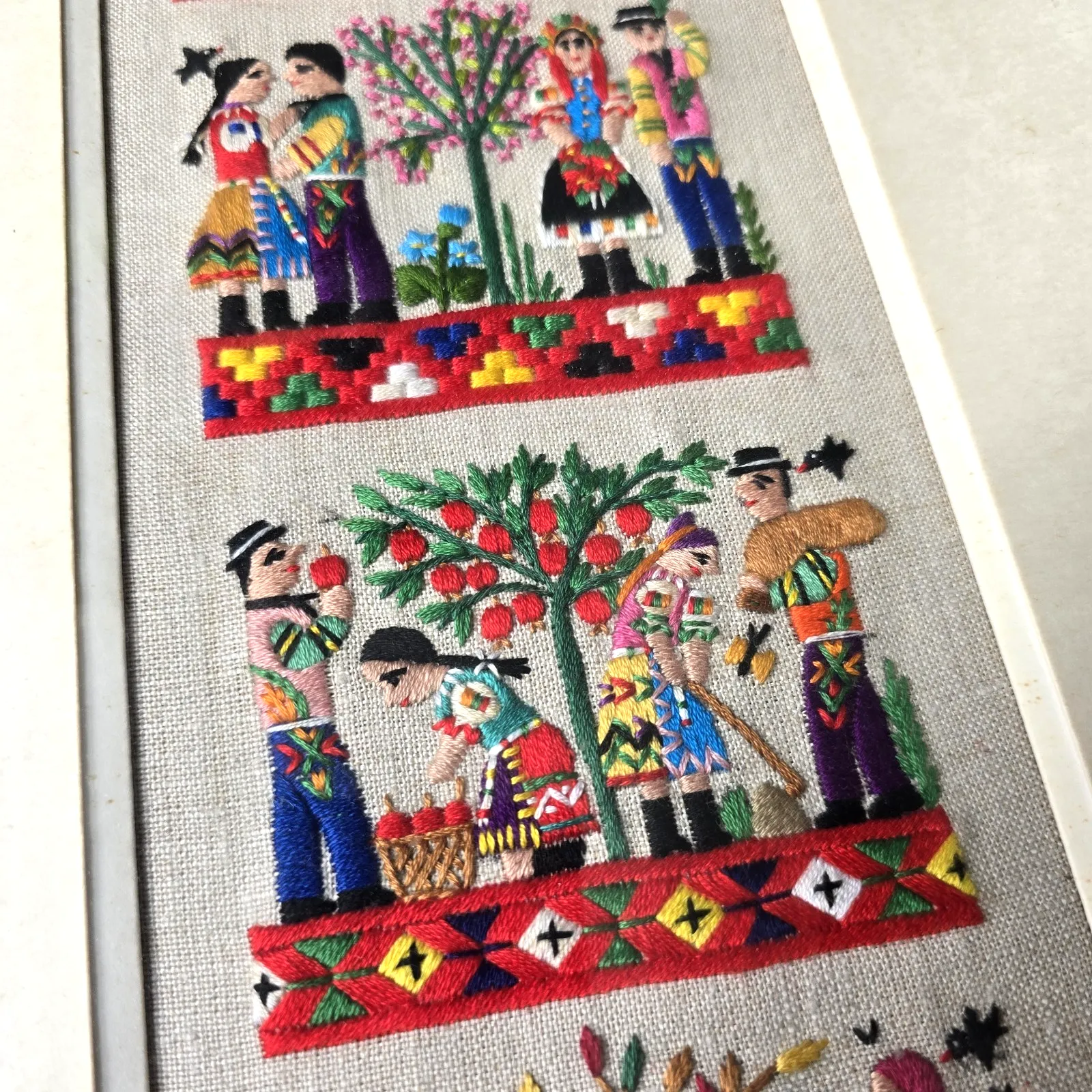 Vintage Scandinavian Wall Art Crewel Embroidery Folk Art 1960s Family Life Scene photo Art