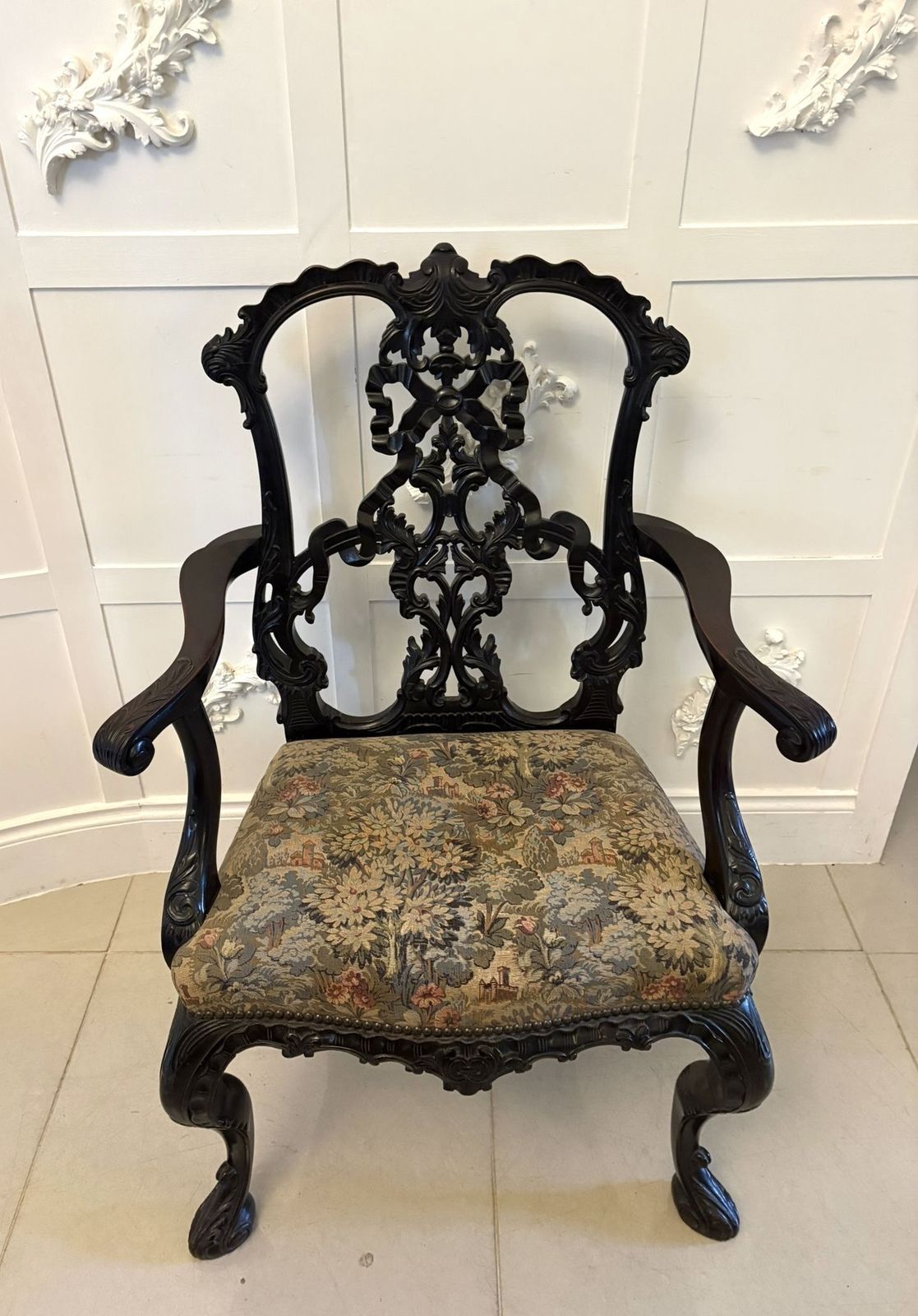 1895.0 Antique Exceptional Carved Mahogany Chippendale Style Ribbon Back Office Chair photo