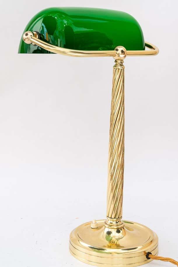 Solid Banker Table Lamp With Original Glass Shade Vienna Around 1920s photo vinterior