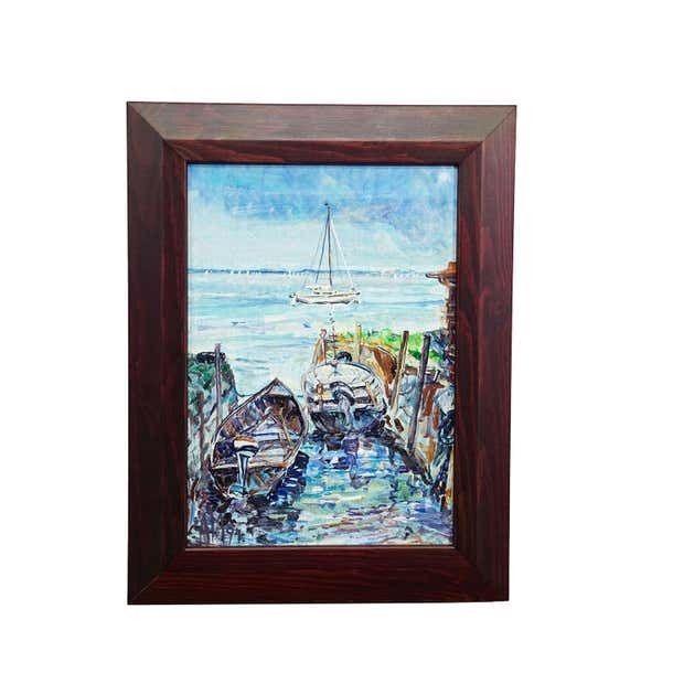 Boat Mooring On Fraueninsel – Oil Painting By Alexander Michael, 1994 photo furniture