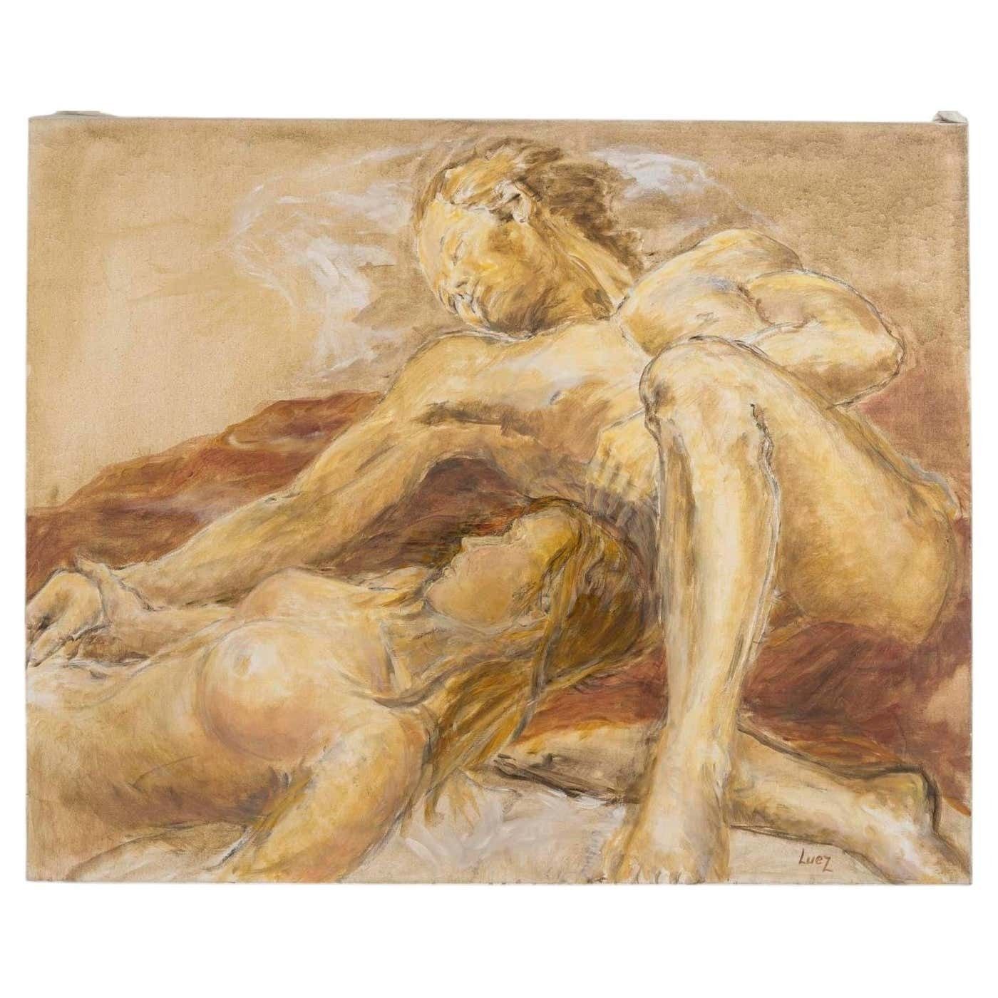 Oil Painting On Canvas By Evelyne Luez, Depicting A Man And A Woman Lying Down.