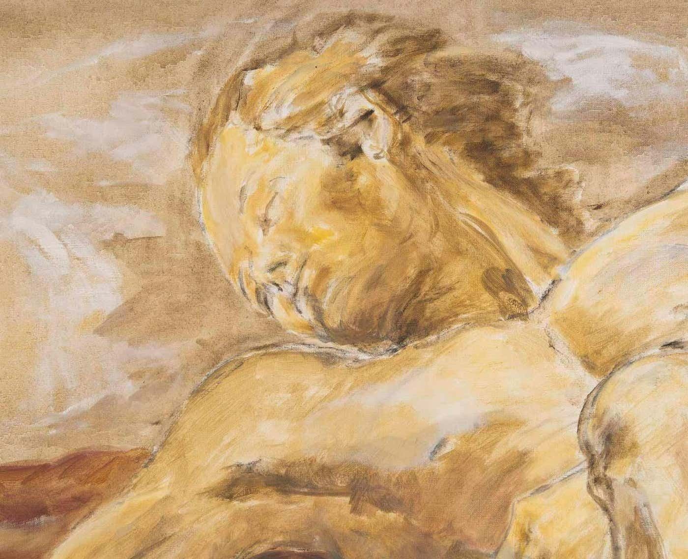 Oil Painting On Canvas By Evelyne Luez, Depicting A Man And A Woman Lying Down. photo furniture