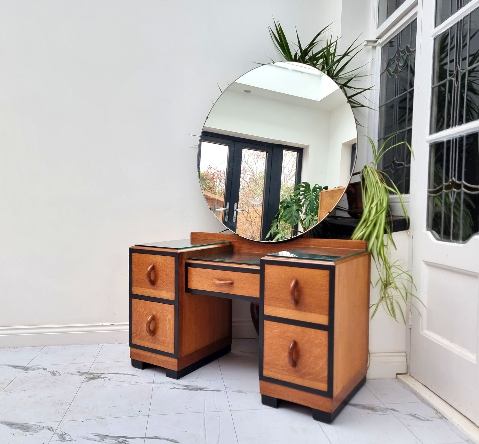 Art Deco Golden Oak / Black Kneehole Dressing Table With Glasstop 1930s