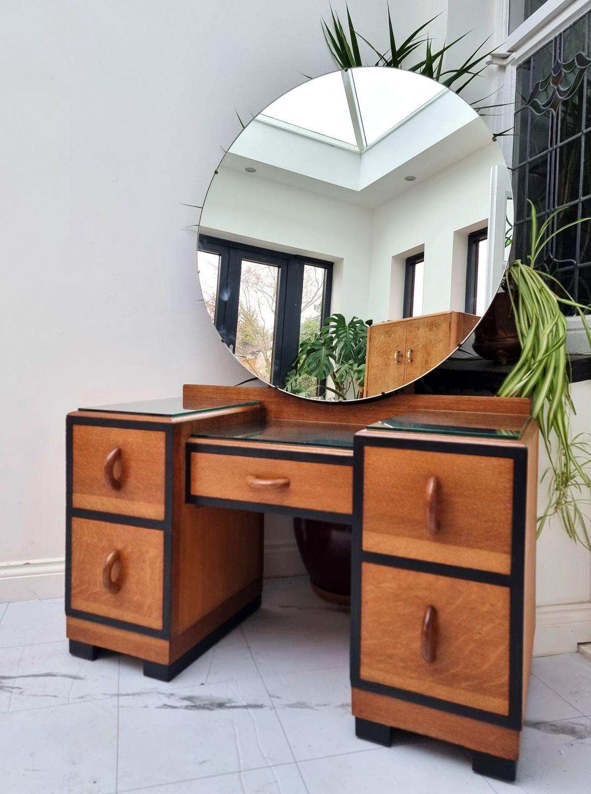 Art Deco Golden Oak / Black Kneehole Dressing Table With Glasstop 1930s photo for sale