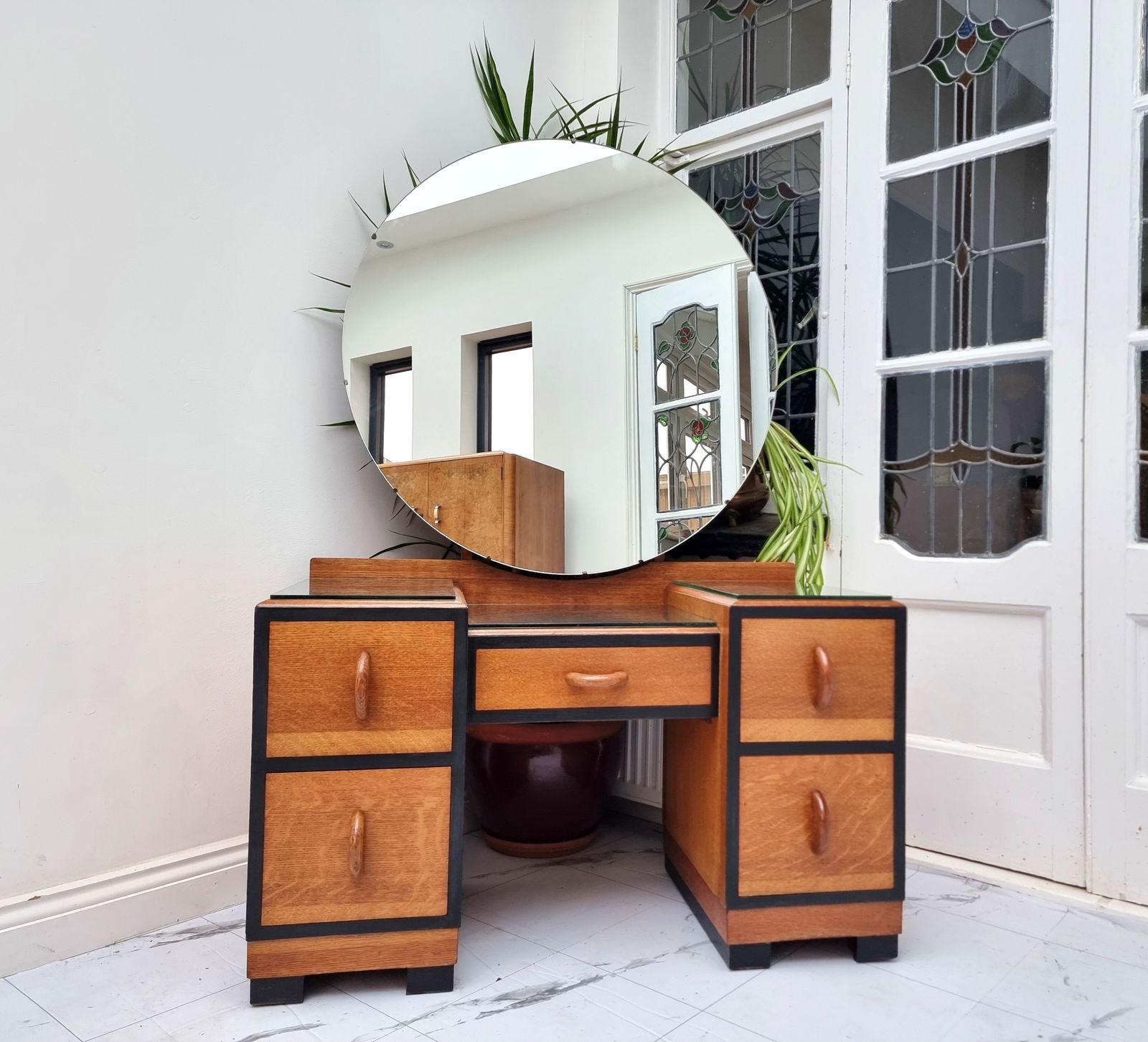 Furniture Art Deco Golden Oak / Black Kneehole Dressing Table With Glasstop 1930s photo