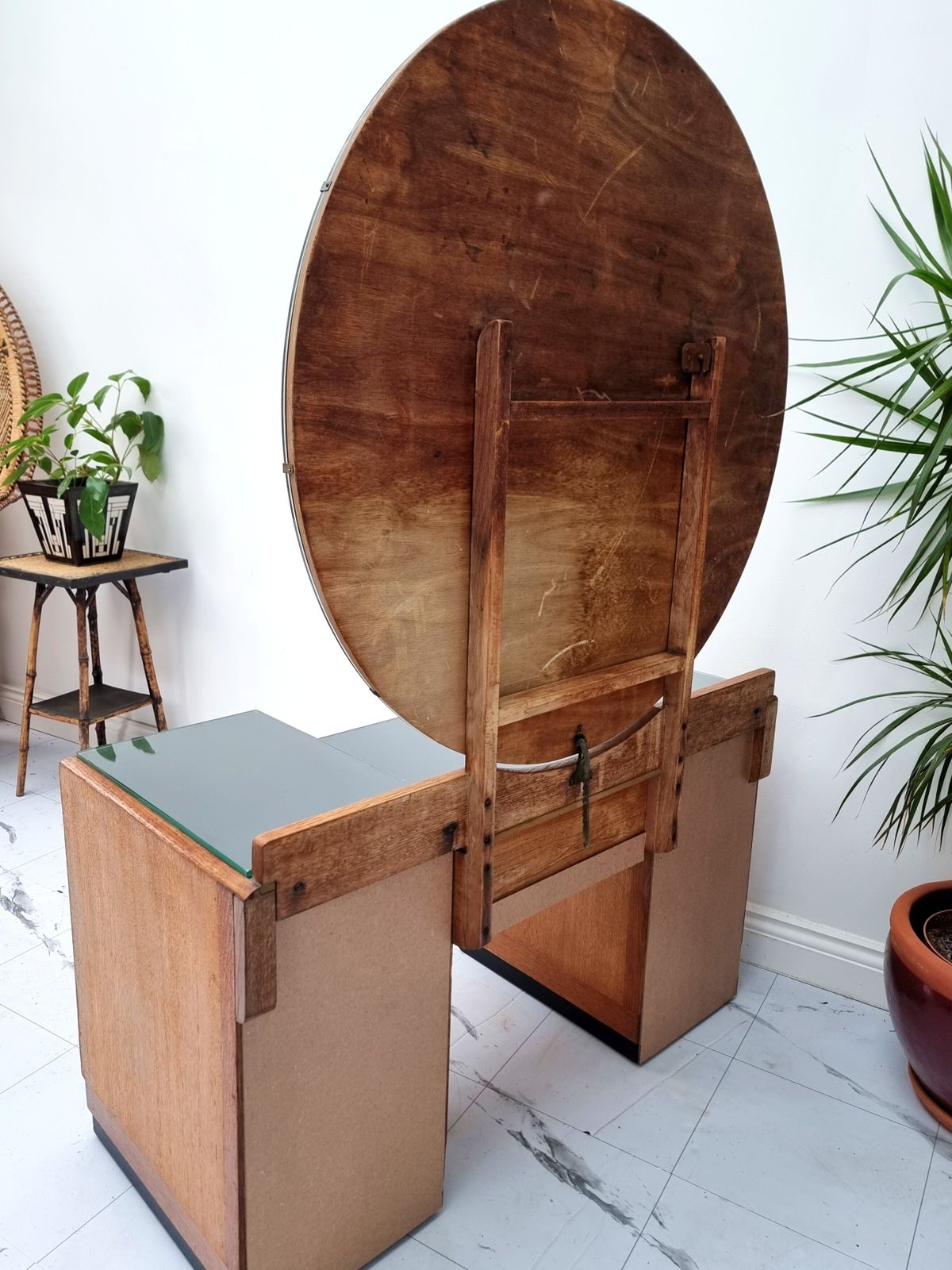 775.0 Art Deco Golden Oak / Black Kneehole Dressing Table With Glasstop 1930s photo