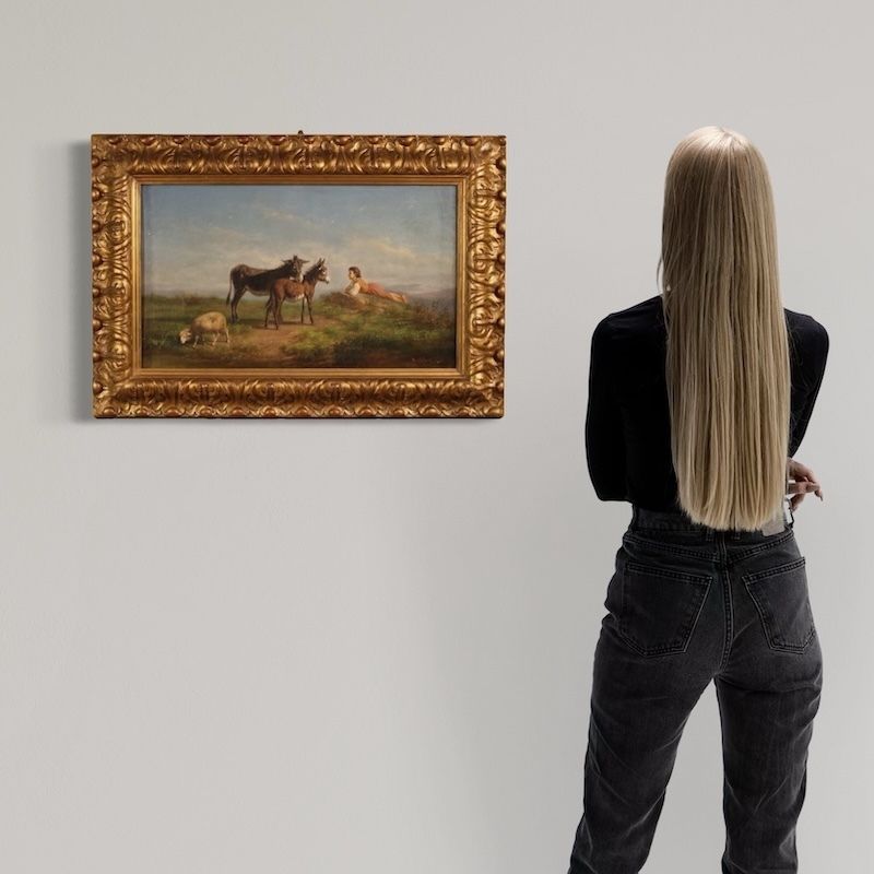19th Century Italian Signed Bucolic Landscape Painting photo furniture