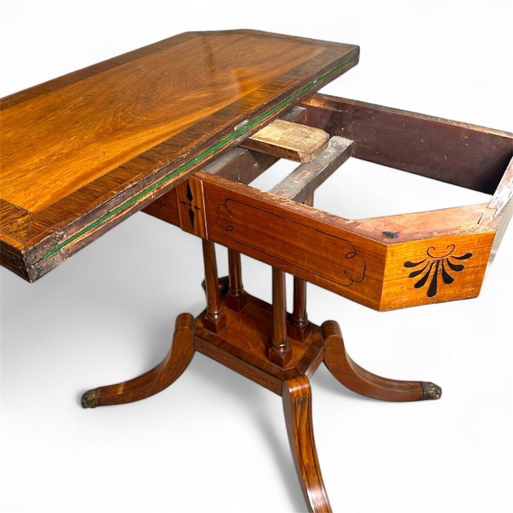 Satinwood & Rosewood Regency Fold Over Table With Ebony Inlay Detail photo vinterior
