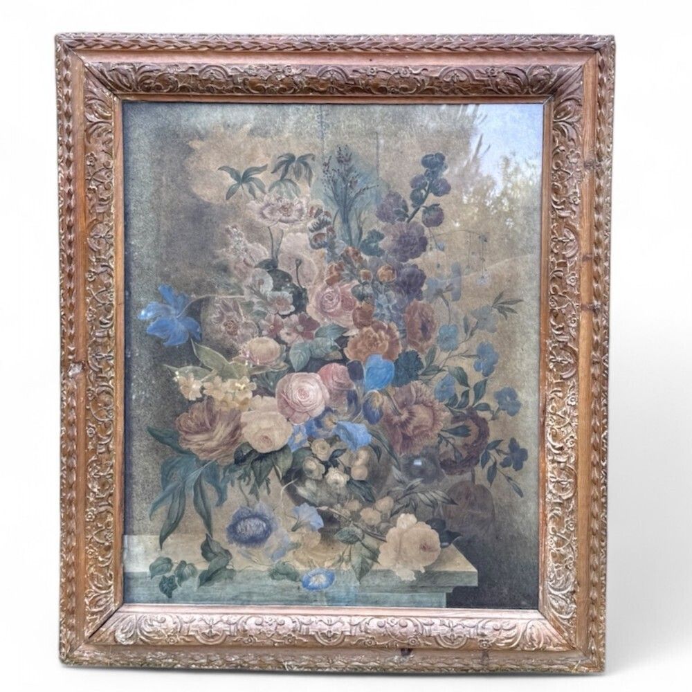 Elegant Late Georgian Carved Pine Picture Or Mirror Frame With Floral Print photo furniture