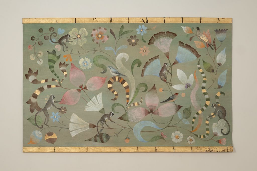 Painted Canvas Decorated With Lemurs, Birds, And Flowers. Contemporary. photo furniture