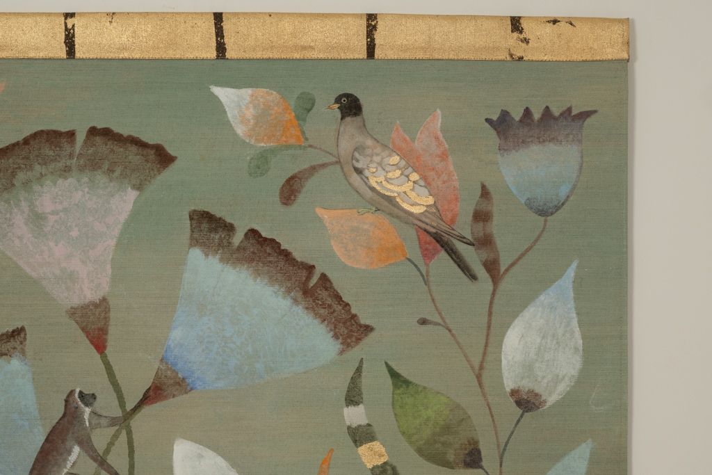Painted Canvas Decorated With Lemurs, Birds, And Flowers. Contemporary. photo vinterior