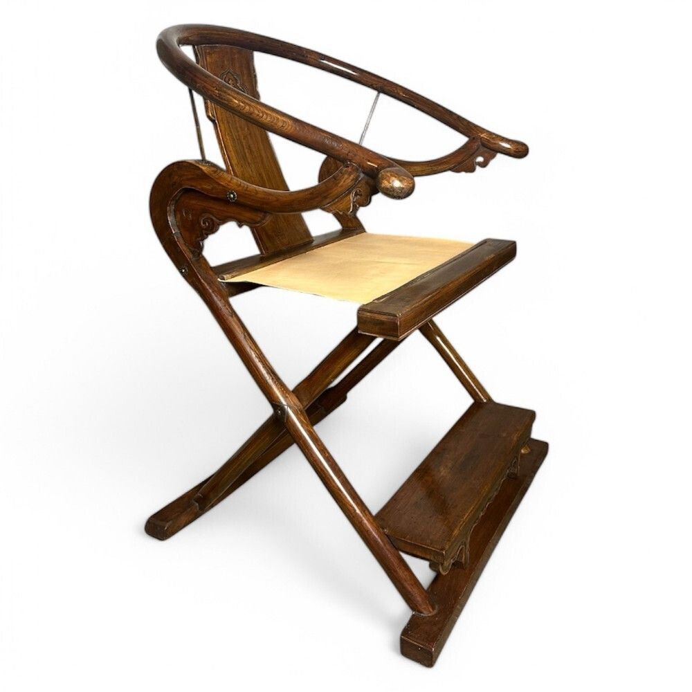 Antique Chinese Folding Horseshoe Back Throne Chair, 19th Century photo for sale