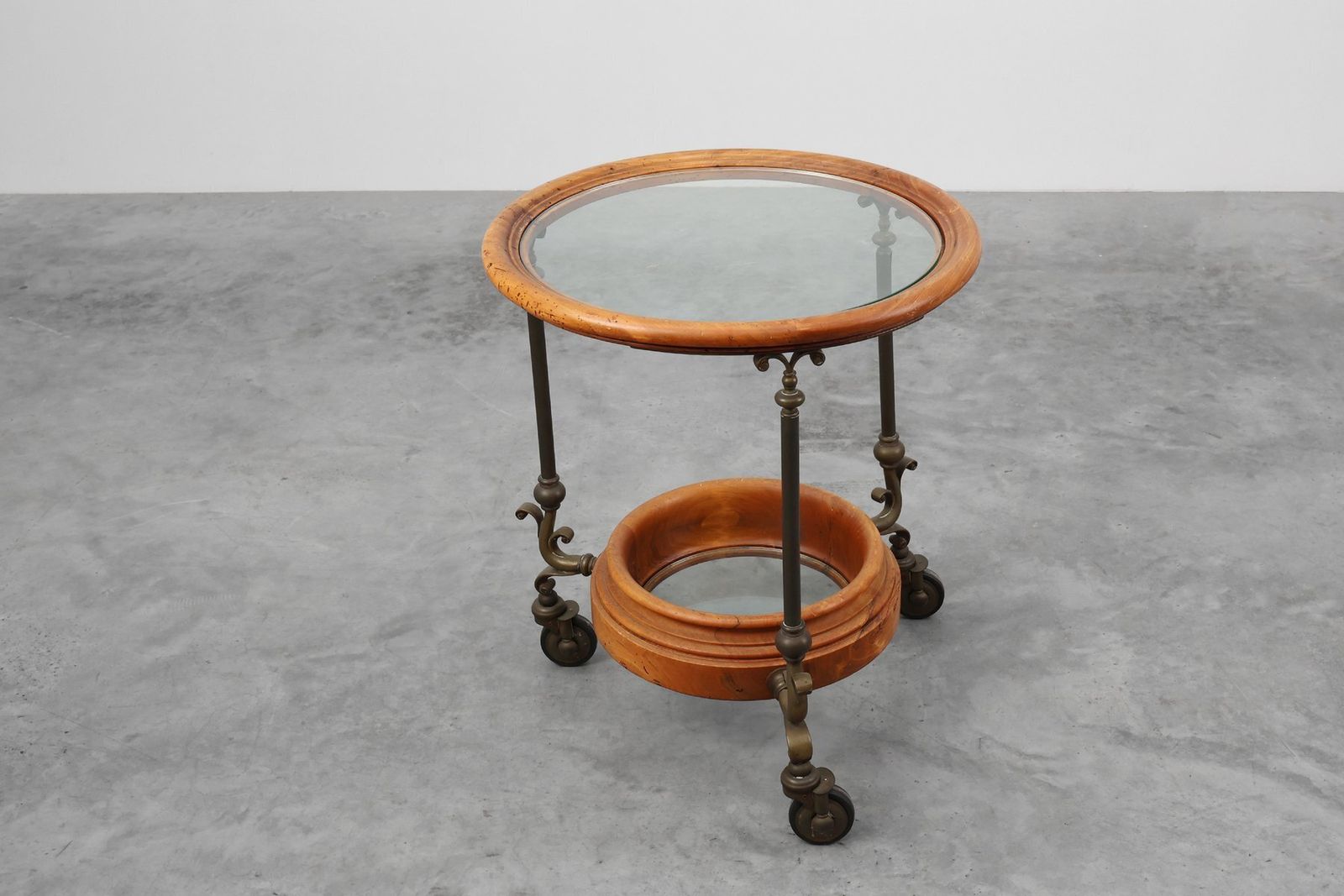 photo furniture Rustic Copper And Walnut Serving Trolley With Glass Top, France, 1900s