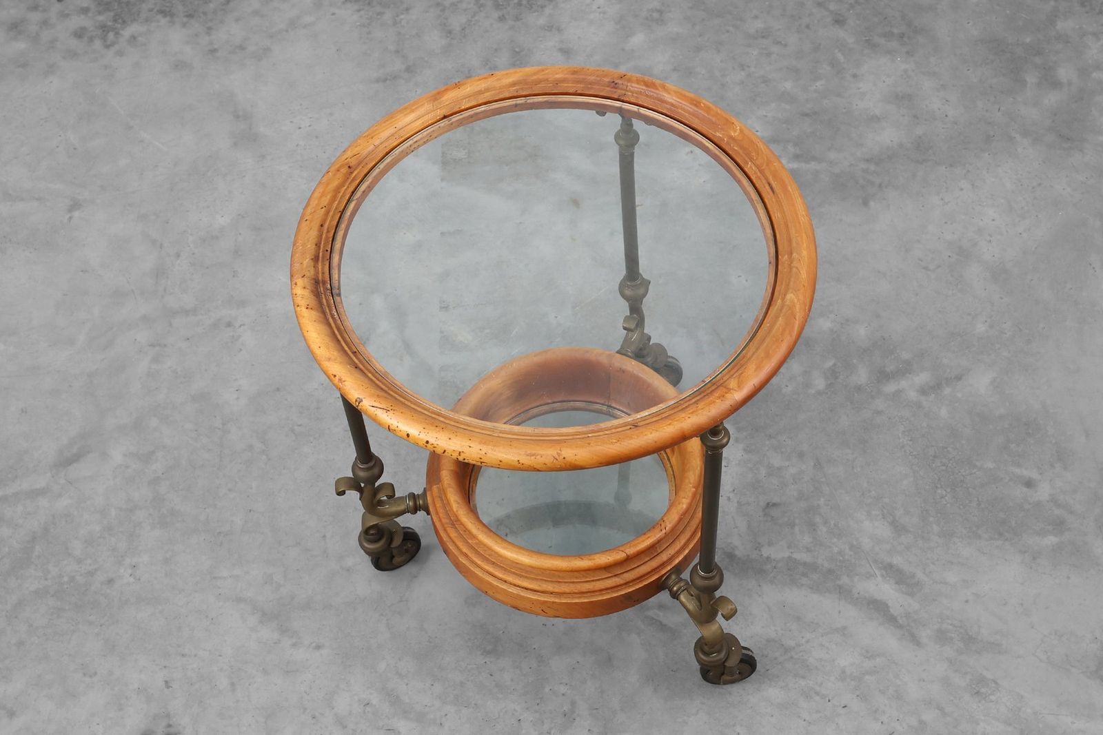 photo for sale Rustic Copper And Walnut Serving Trolley With Glass Top, France, 1900s