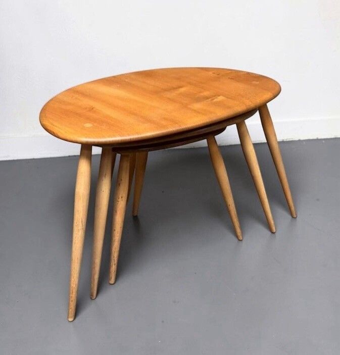 photo for sale Ercol Solid Elm And Beech Blonde Nest Of Tables Pebble Nest Superior Quality
