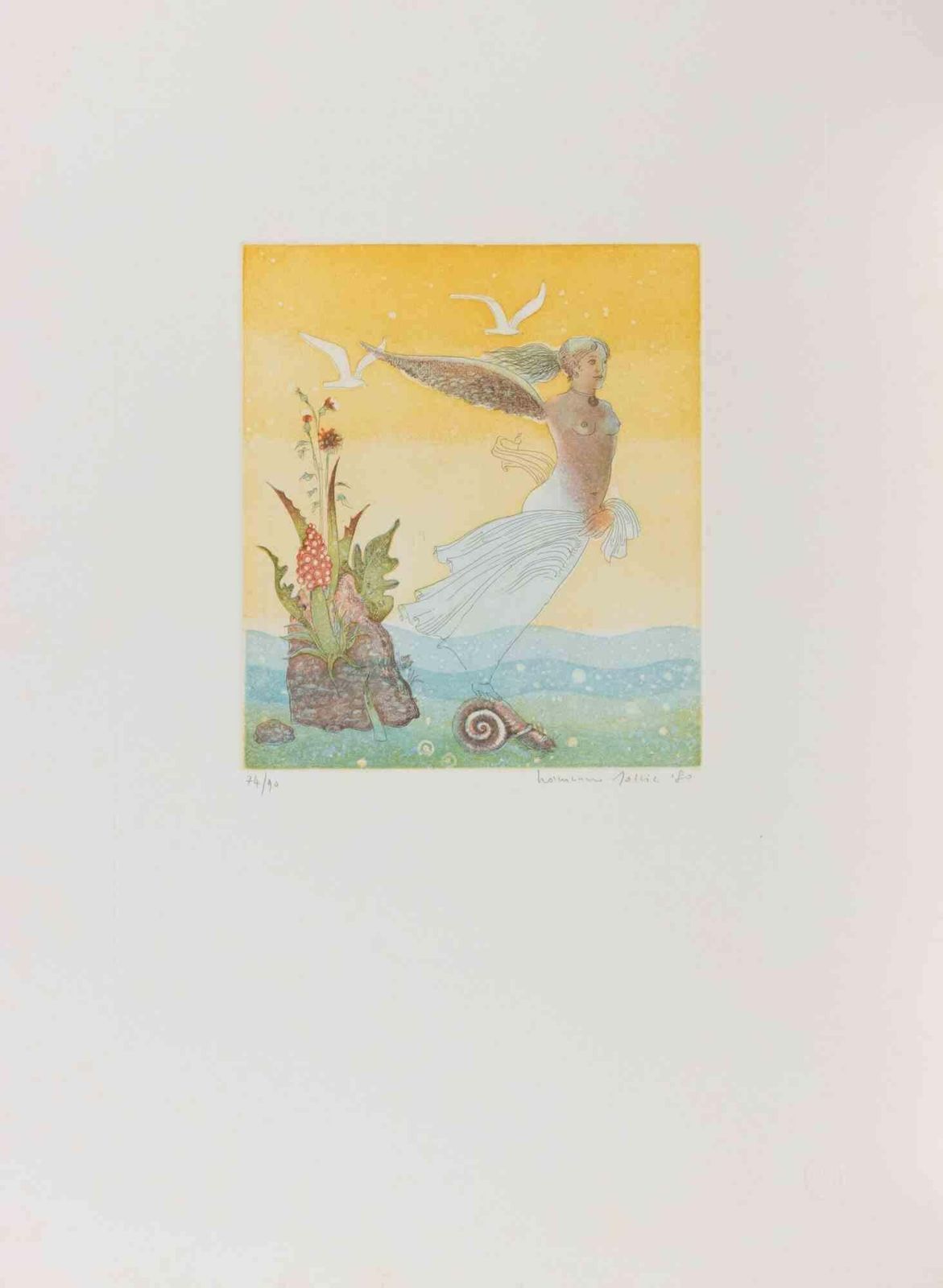 Normanno Soscia Winged Girl   Etching By Normanno Soscia   1990s.