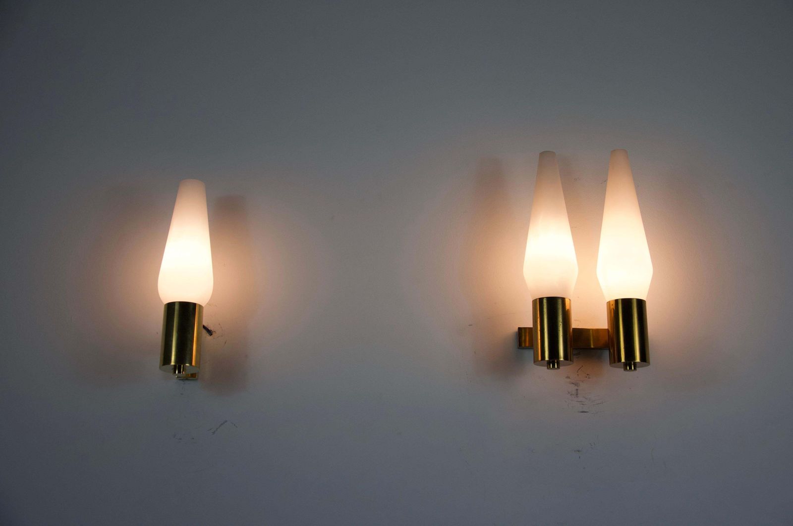 Pair Of Brass And Opaline Wall Lamps, Italy, 1960s photo for sale