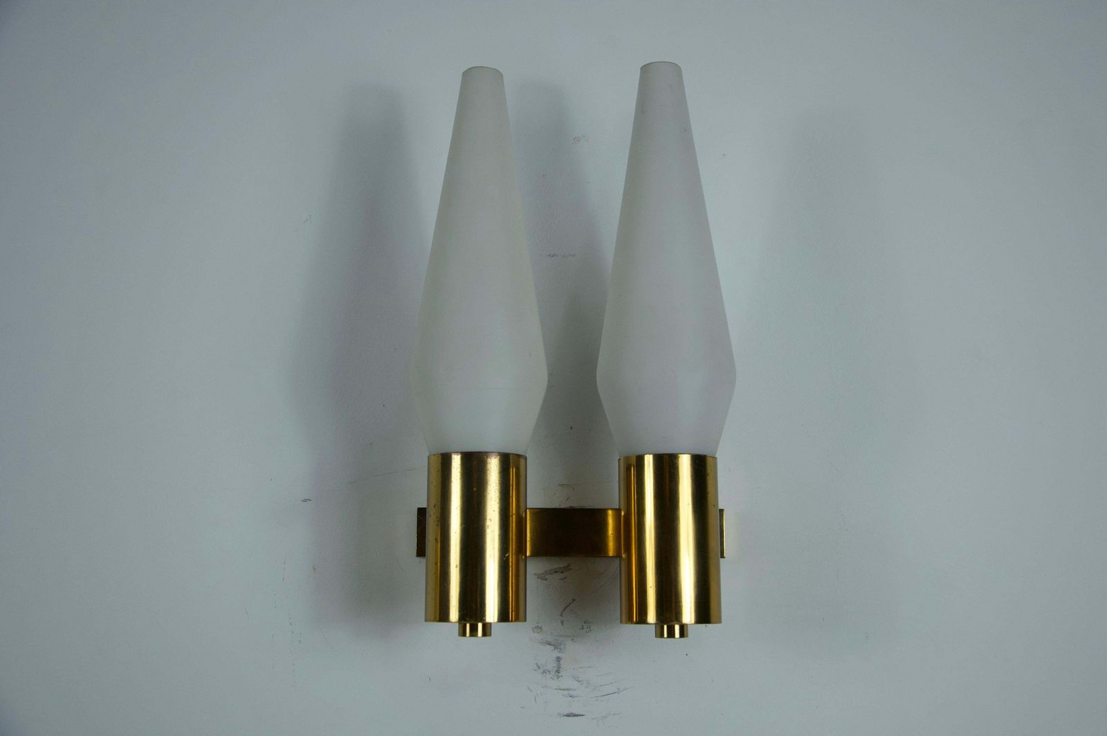 Pair Of Brass And Opaline Wall Lamps, Italy, 1960s photo vintage
