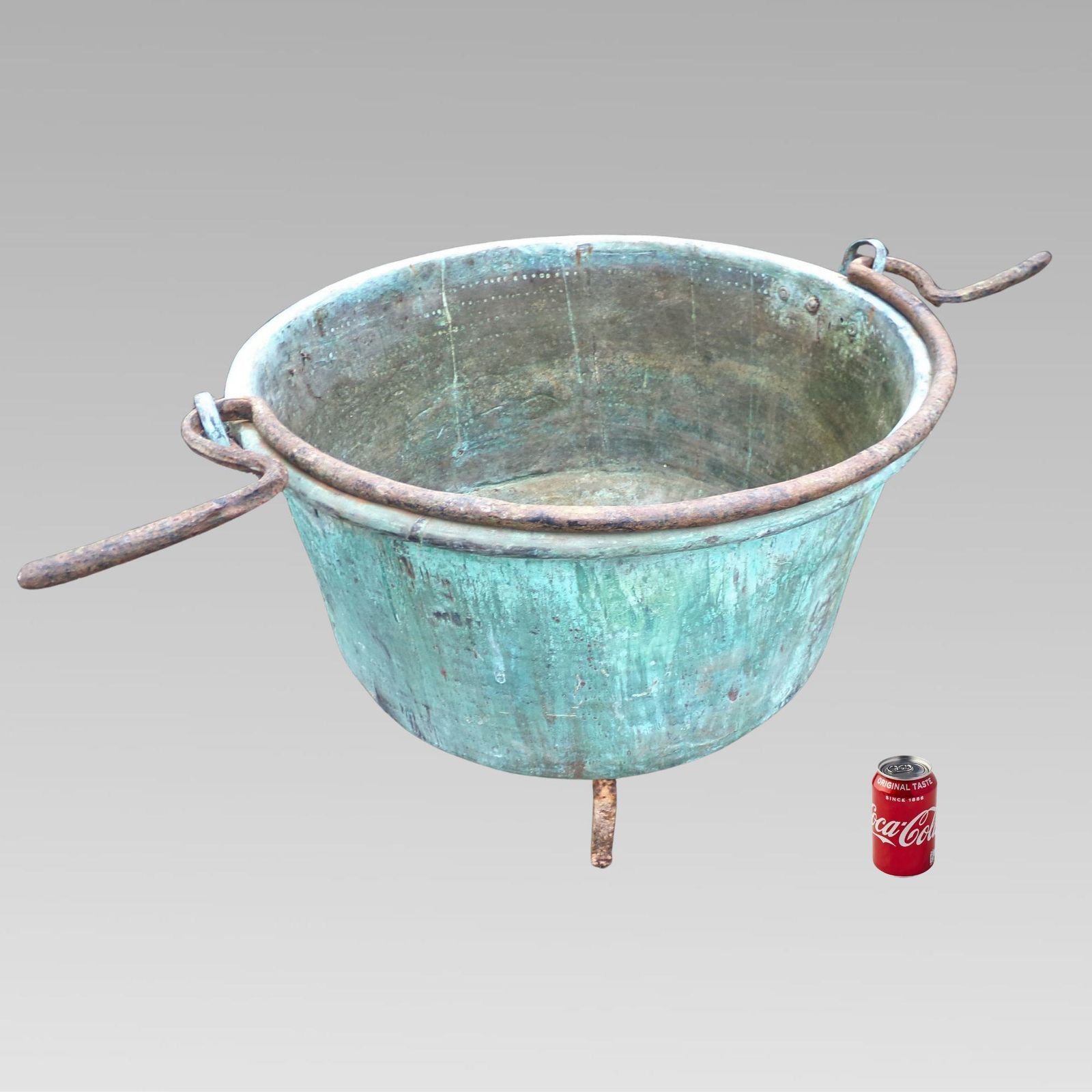 Huge Original Antique Hammered Copper Garden Planter On Wrought Iron Stand W/ Verdigris, Handle & Rivets