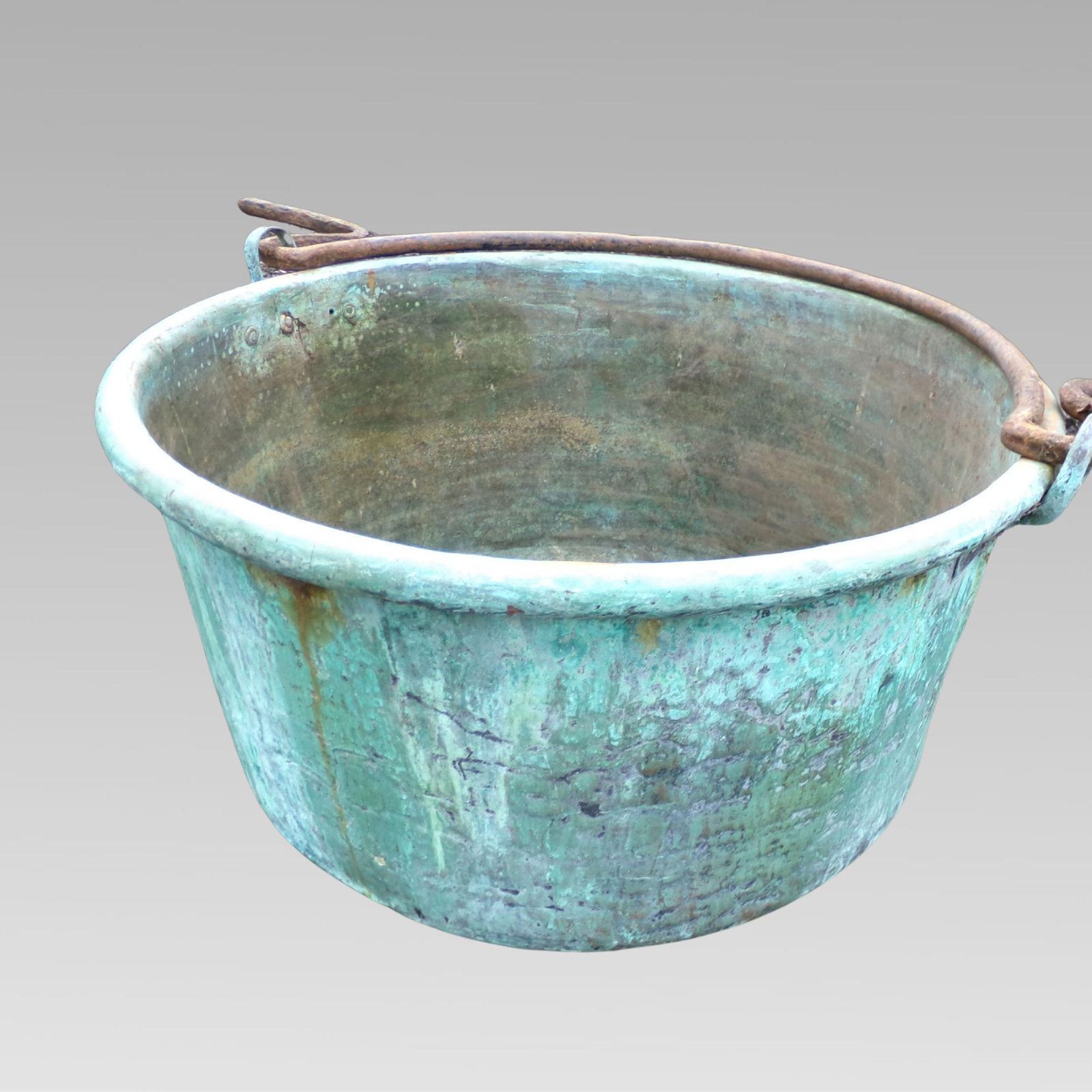 Huge Original Antique Hammered Copper Garden Planter On Wrought Iron Stand W/ Verdigris, Handle & Rivets photo furniture