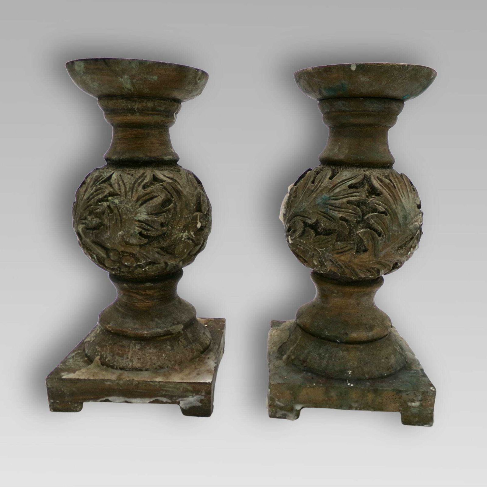 Fabulous Vintage Indian Hand Carved Bulbous Acanthus Leaf Pair Of Candle Sticks