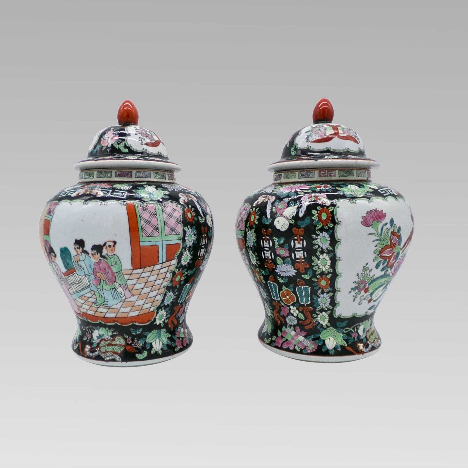 Stunning Chinese Famille Noir Oriental Hand Painted Lidded Ginger Spice Jar Urns photo furniture