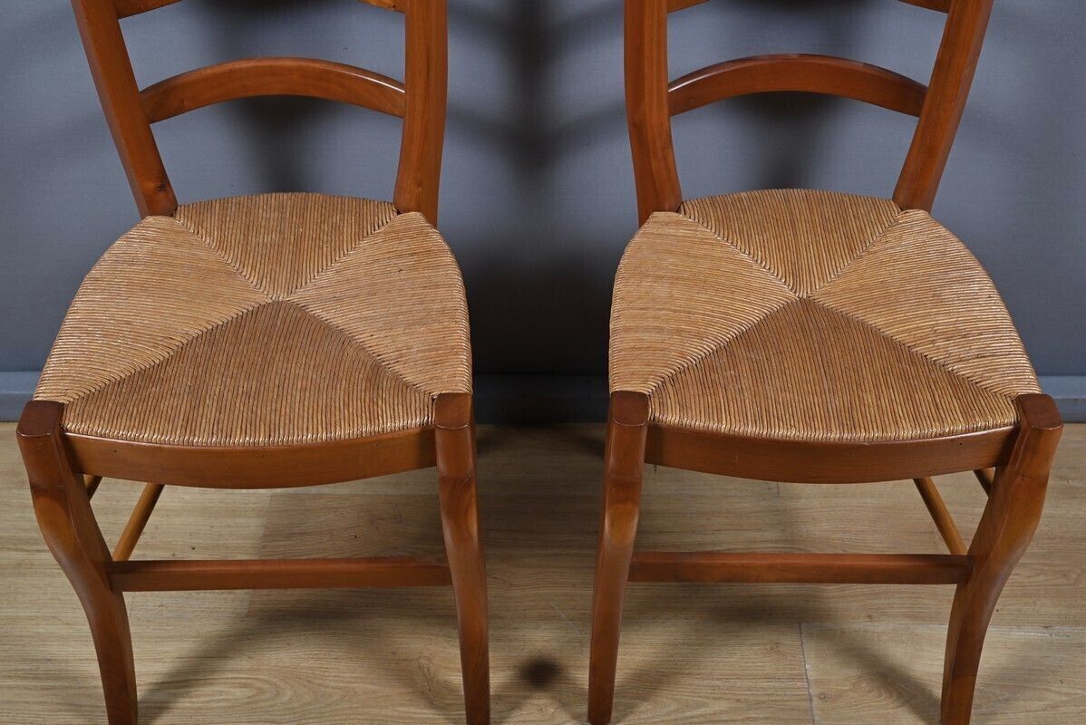 Pair Of Cherrywood Straw Seated Chairs, Restoration Style – Mid 20th Century photo 390.0