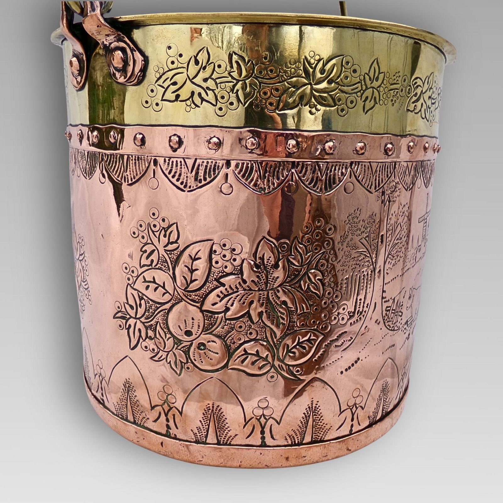Unusual Antique 19th Century Arts And Crafts Continental Dutch Riveted Copper & Brass Coal Fireplace Log Bucket With Handle photo Home Decor