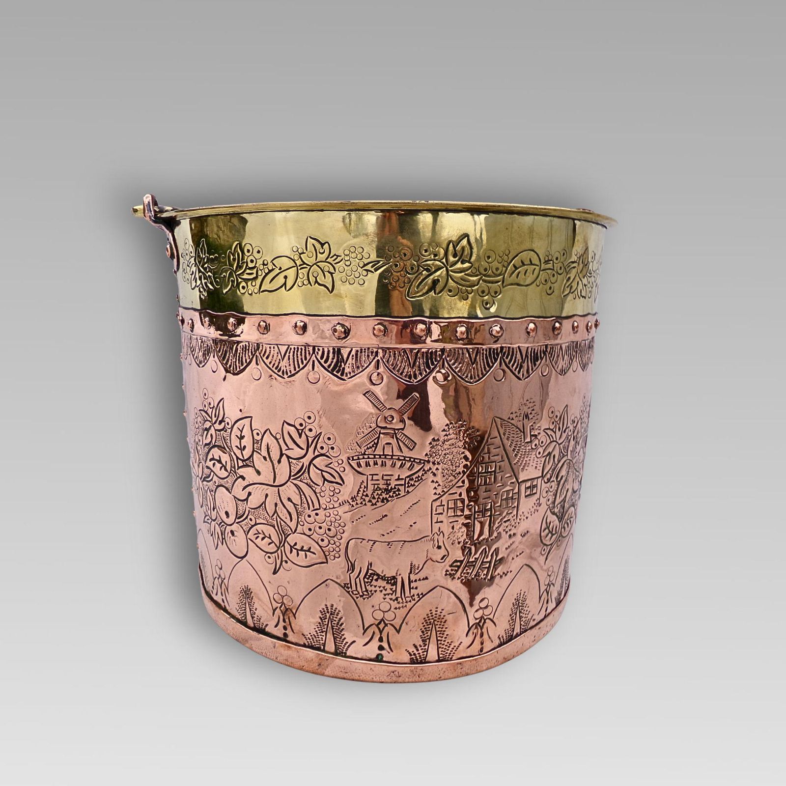 Unusual Antique 19th Century Arts And Crafts Continental Dutch Riveted Copper & Brass Coal Fireplace Log Bucket With Handle photo 625.0