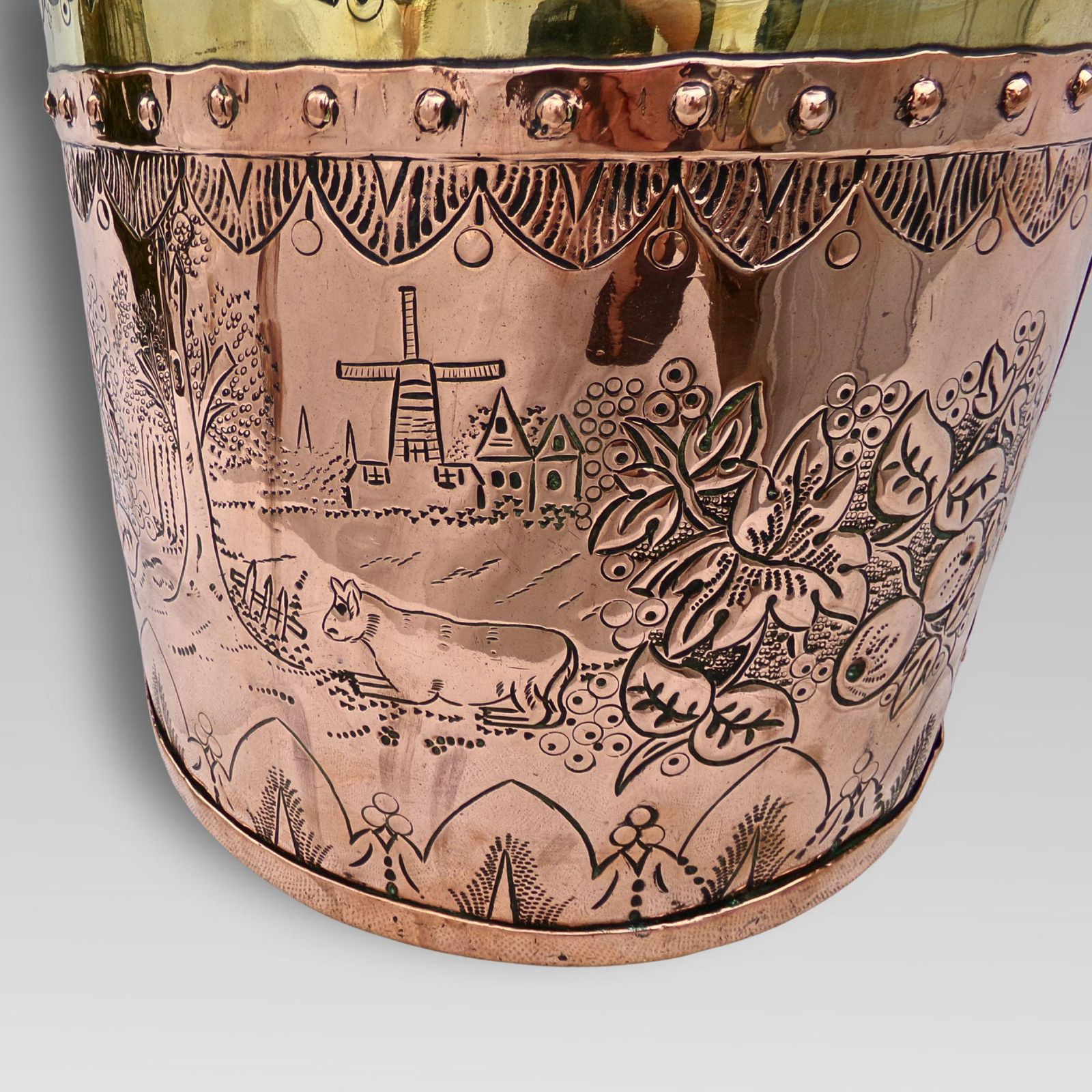 photo for sale Unusual Antique 19th Century Arts And Crafts Continental Dutch Riveted Copper & Brass Coal Fireplace Log Bucket With Handle