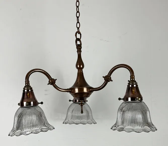Three Arm Chandelier With Holophane Glass Shades (56220) photo vinterior